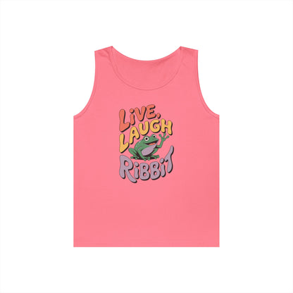 Live Laugh Ribbit Unisex Tank Top for Fun Humor and Playful Streetwear | TEEZOCA playful frog Unisex Tank Top featuring live laugh ribbit quote