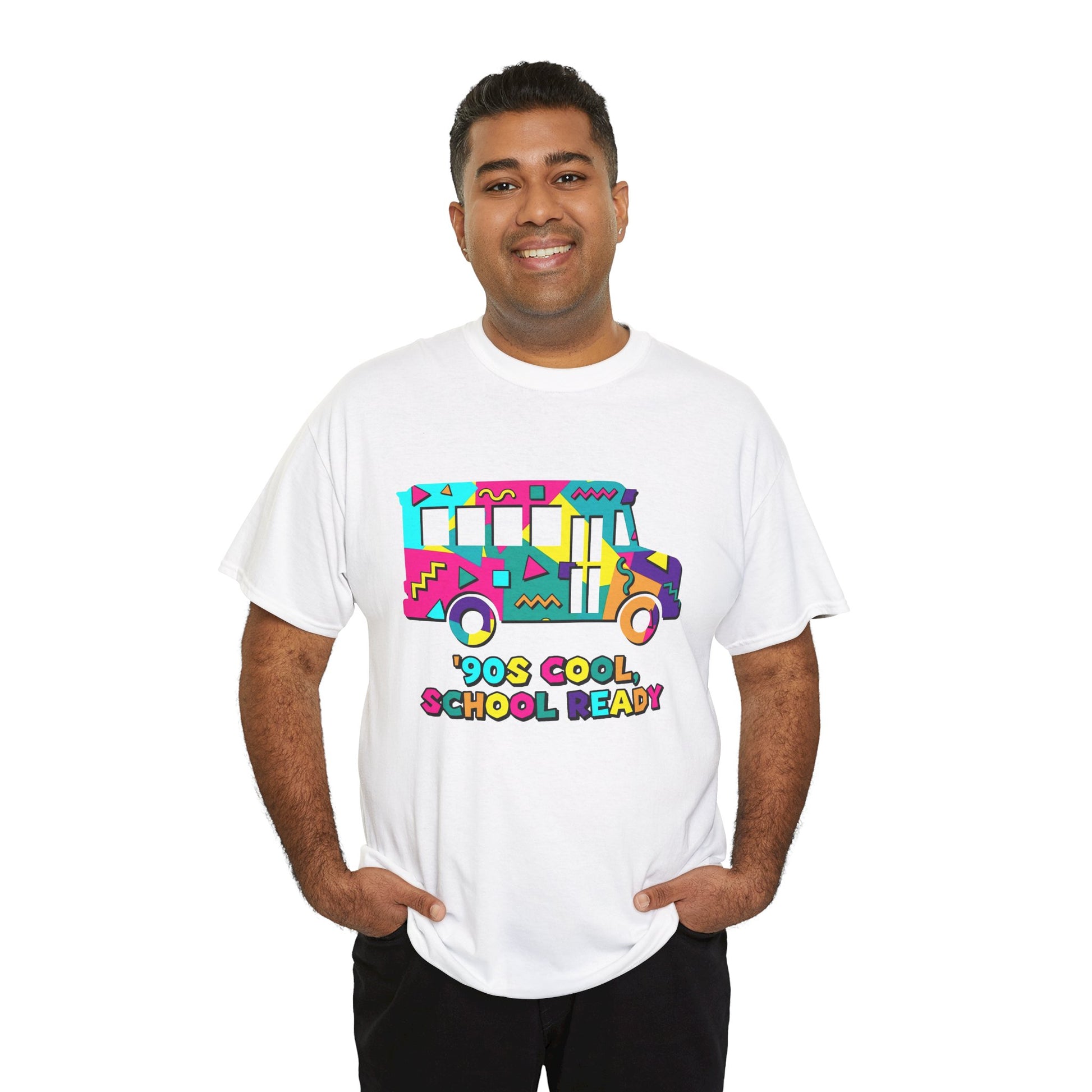 MAN WEARING TEEZOCA 90s Cool School Ready white T-Shirt – Retro Memphis Style Back to School Gift