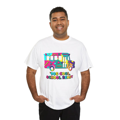MAN WEARING TEEZOCA 90s Cool School Ready white T-Shirt – Retro Memphis Style Back to School Gift