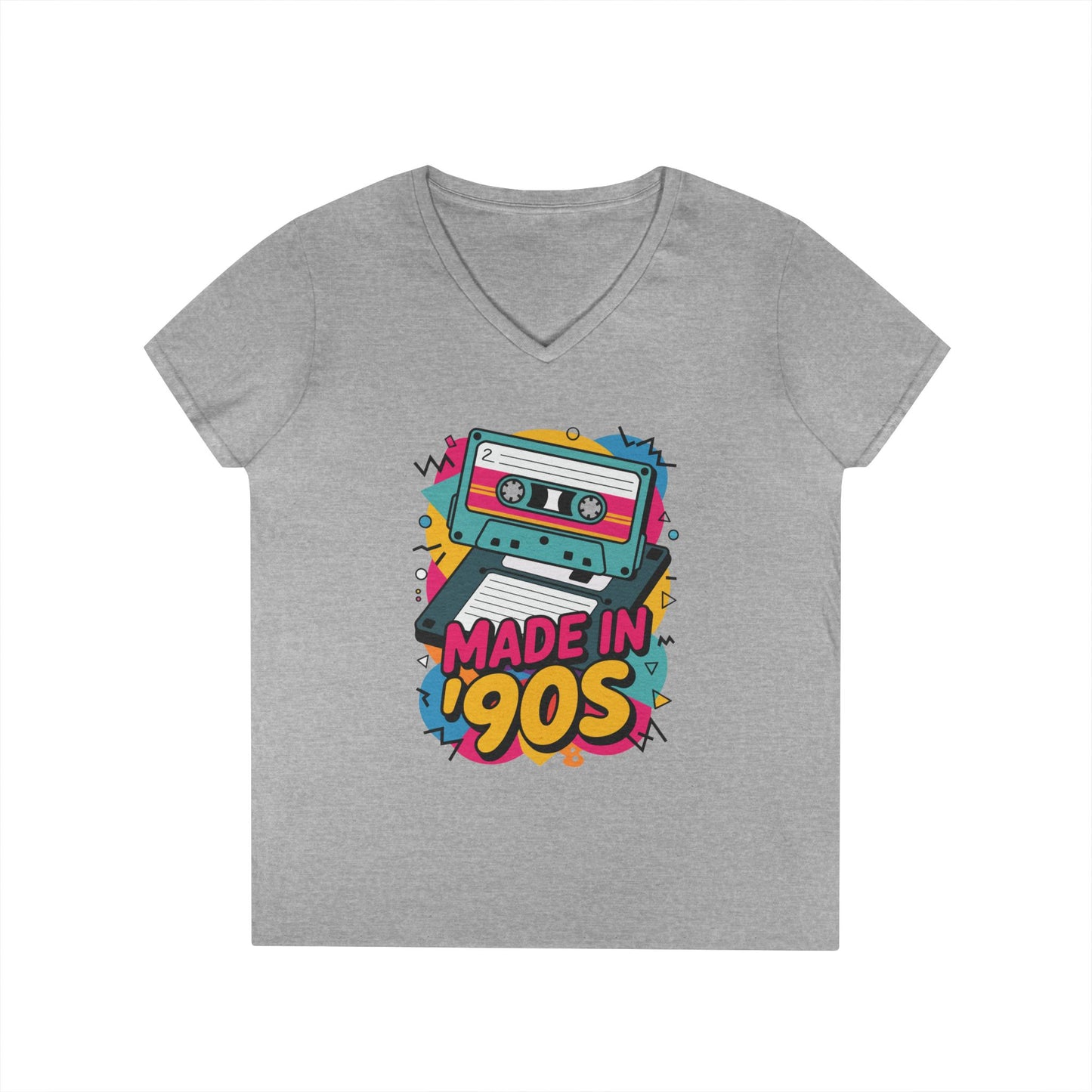 Made in 90s Retro Cassette Graphic V-Neck T-Shirt for Women | TEEZOCA 