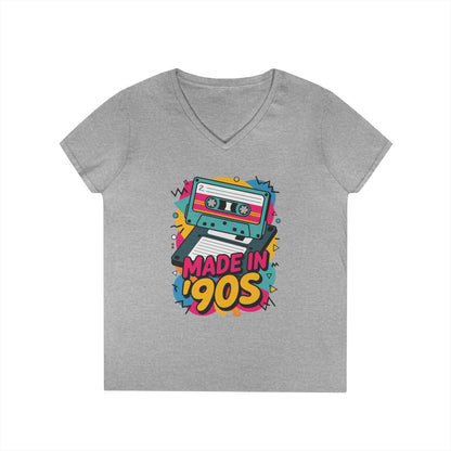 Made in 90s Retro Cassette Graphic V-Neck T-Shirt for Women | TEEZOCA 