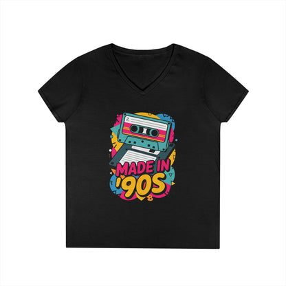 Made in 90s Retro Cassette Graphic V-Neck T-Shirt for Women | TEEZOCA 