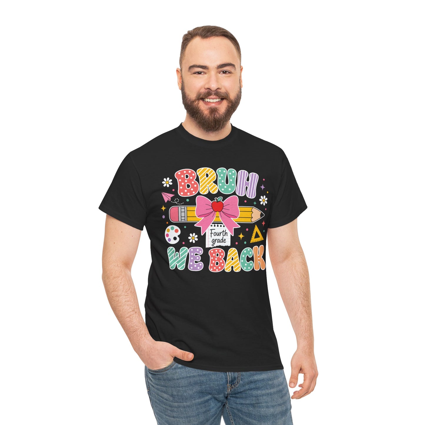 Male fourth grade teacher wearing a black TEEZOCA Bruh We Back Fourth Grade tee, a funny unisex back to school shirt.
