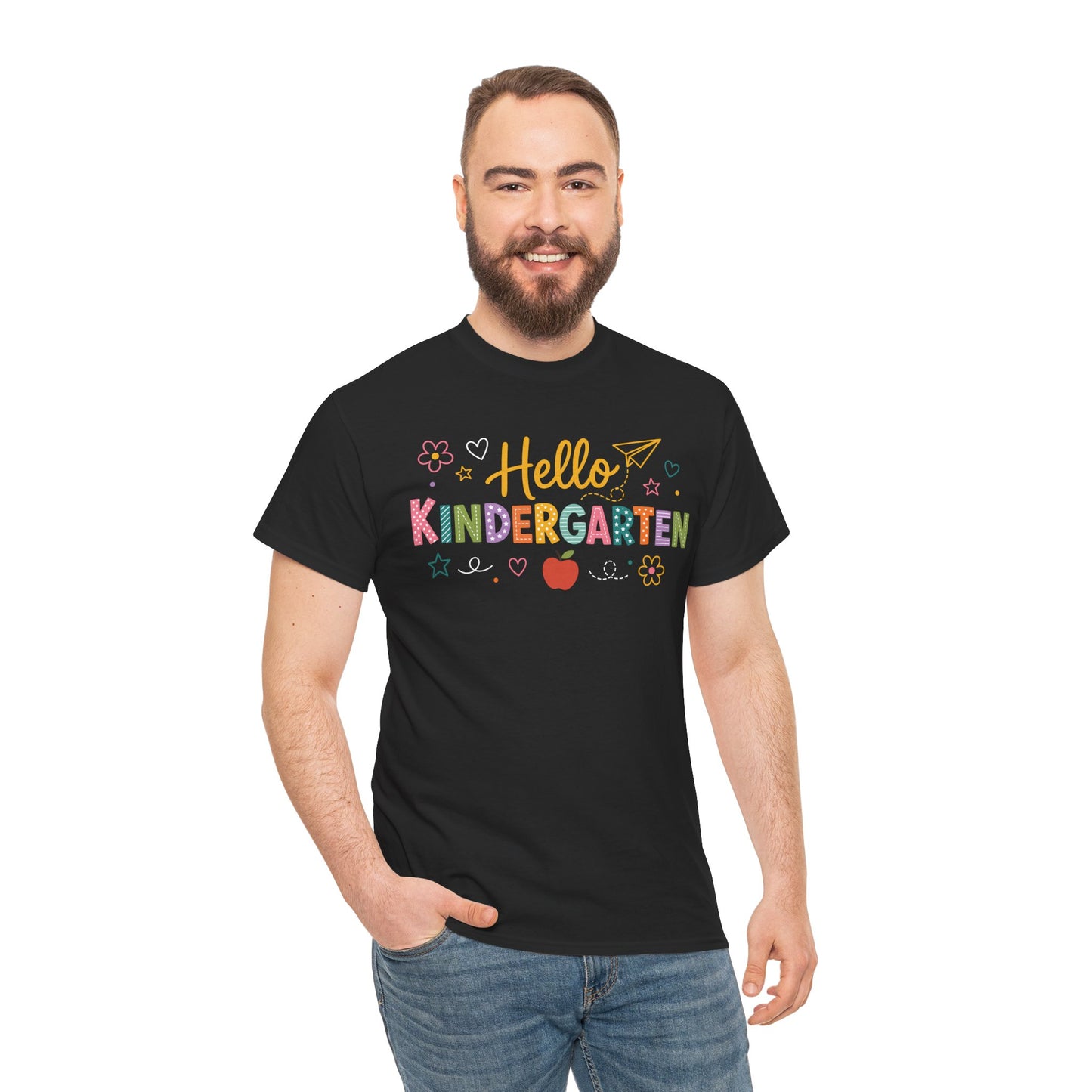 Male kindergarten teacher wearing a black TEEZOCA Hello Kindergarten tee, a unisex back to school shirt for classroom staff.
