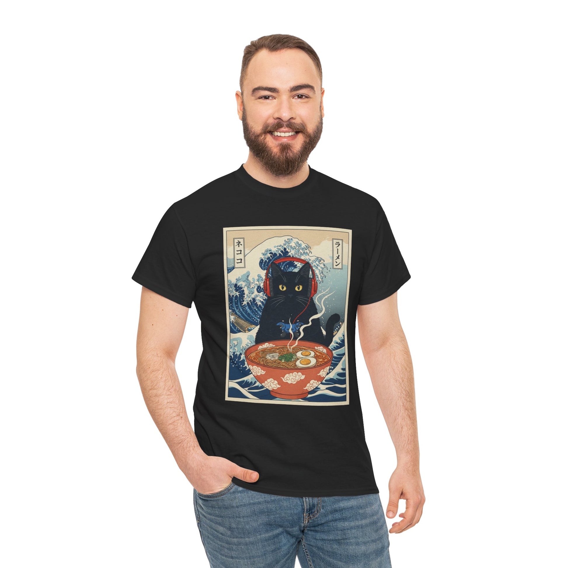Gamer Cat Ramen Wave T-Shirt – Japanese Aesthetic Gaming Animals Graphic Tee | TEEZOCA 