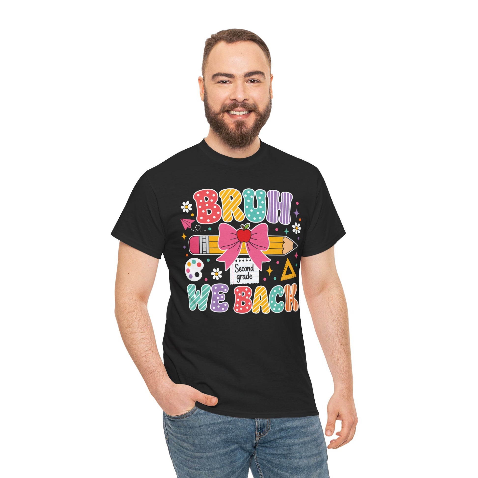 Male second grade teacher wearing a black TEEZOCA Bruh We Back Second Grade tee, a funny unisex back to school shirt.
