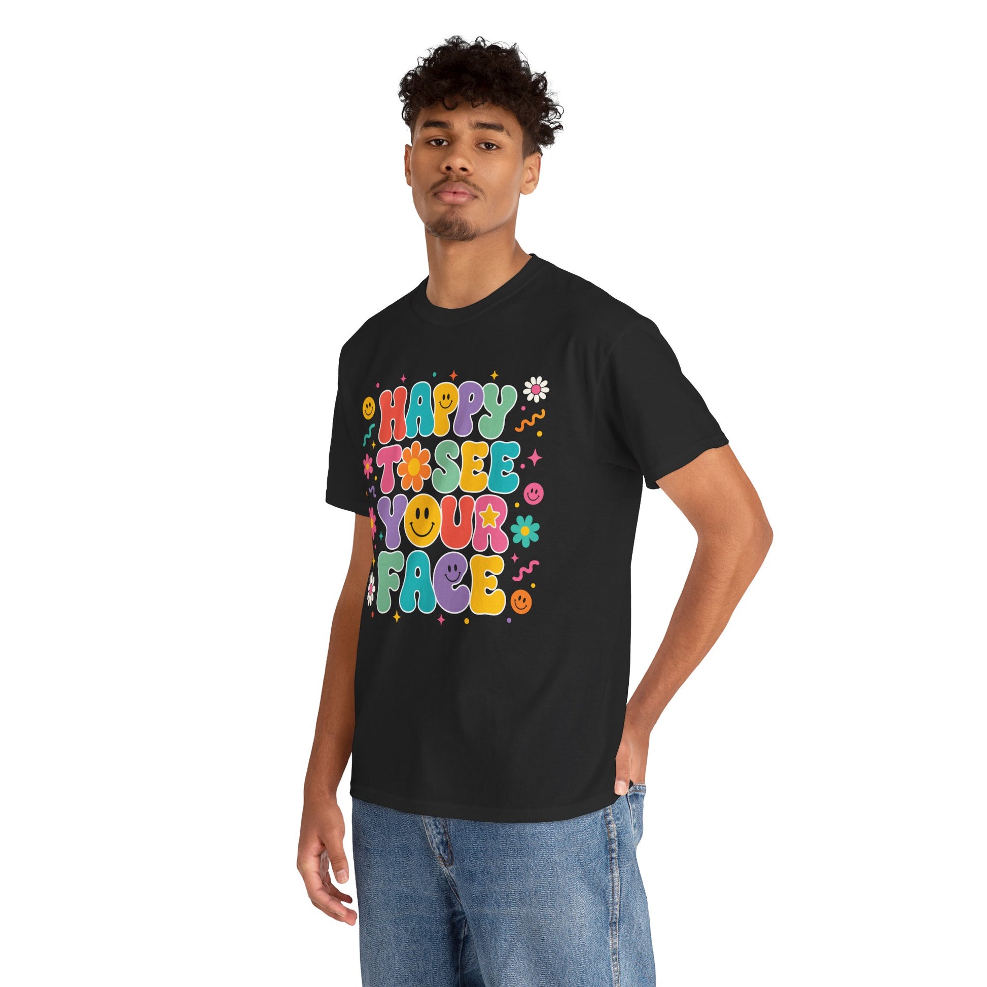 Male teacher wearing a black TEEZOCA Happy to See Your Face retro tee, a unisex back to school shirt for school staff.
