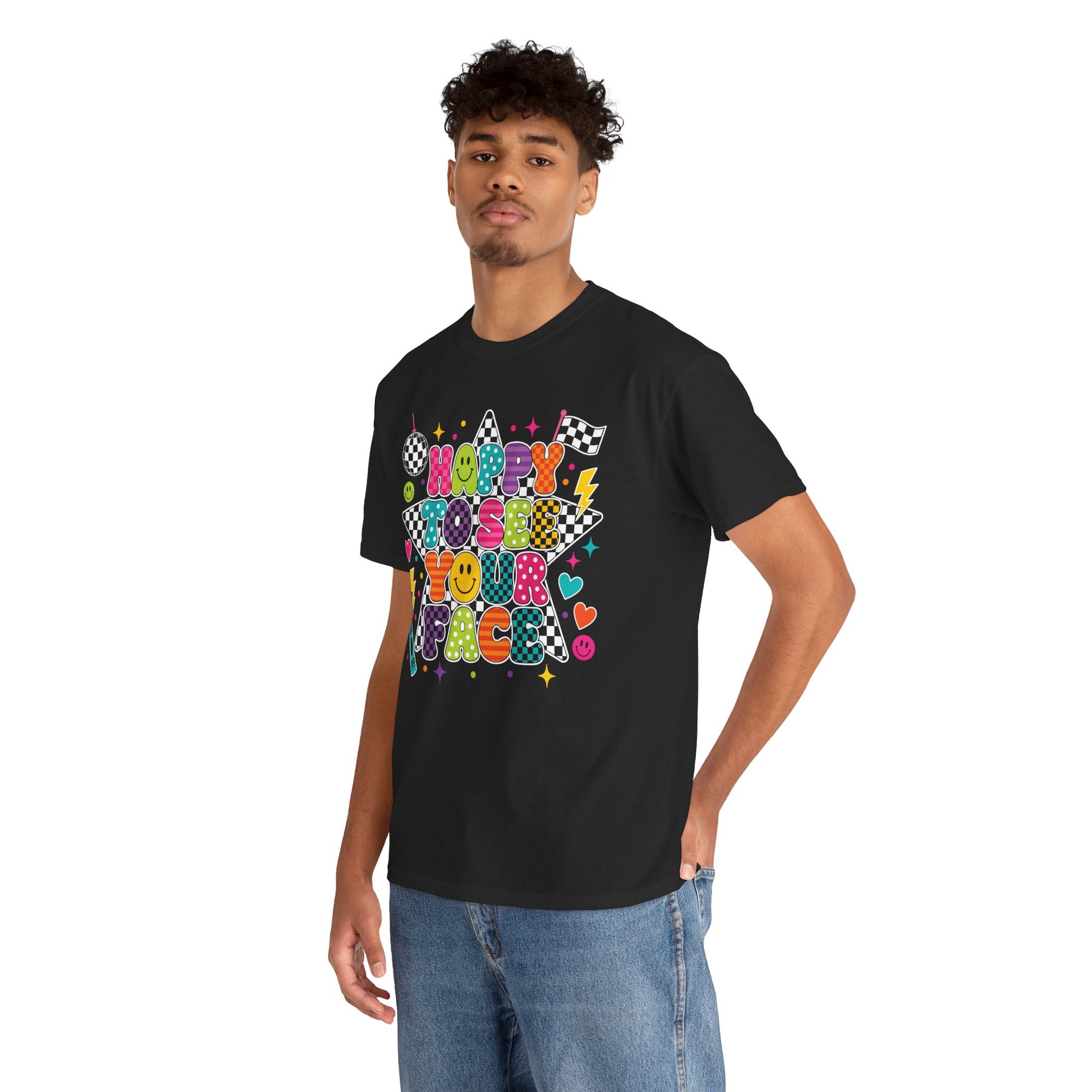 Male teacher wearing a black TEEZOCA Happy to See Your Face tee, a unisex back to school shirt for school staff.

