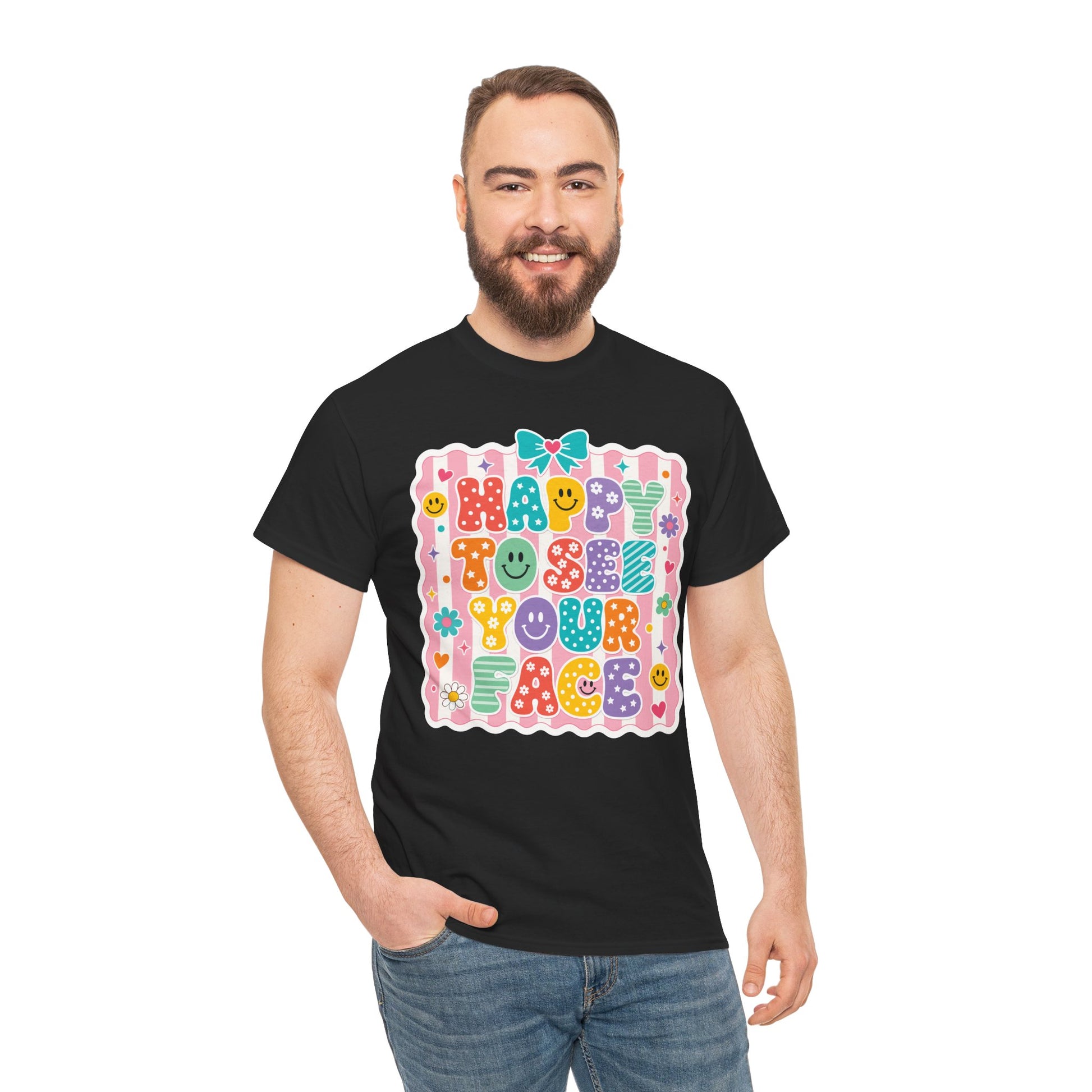 Male teacher wearing a black TEEZOCA Happy to See Your Face tee, a unisex back to school shirt for school staff.
