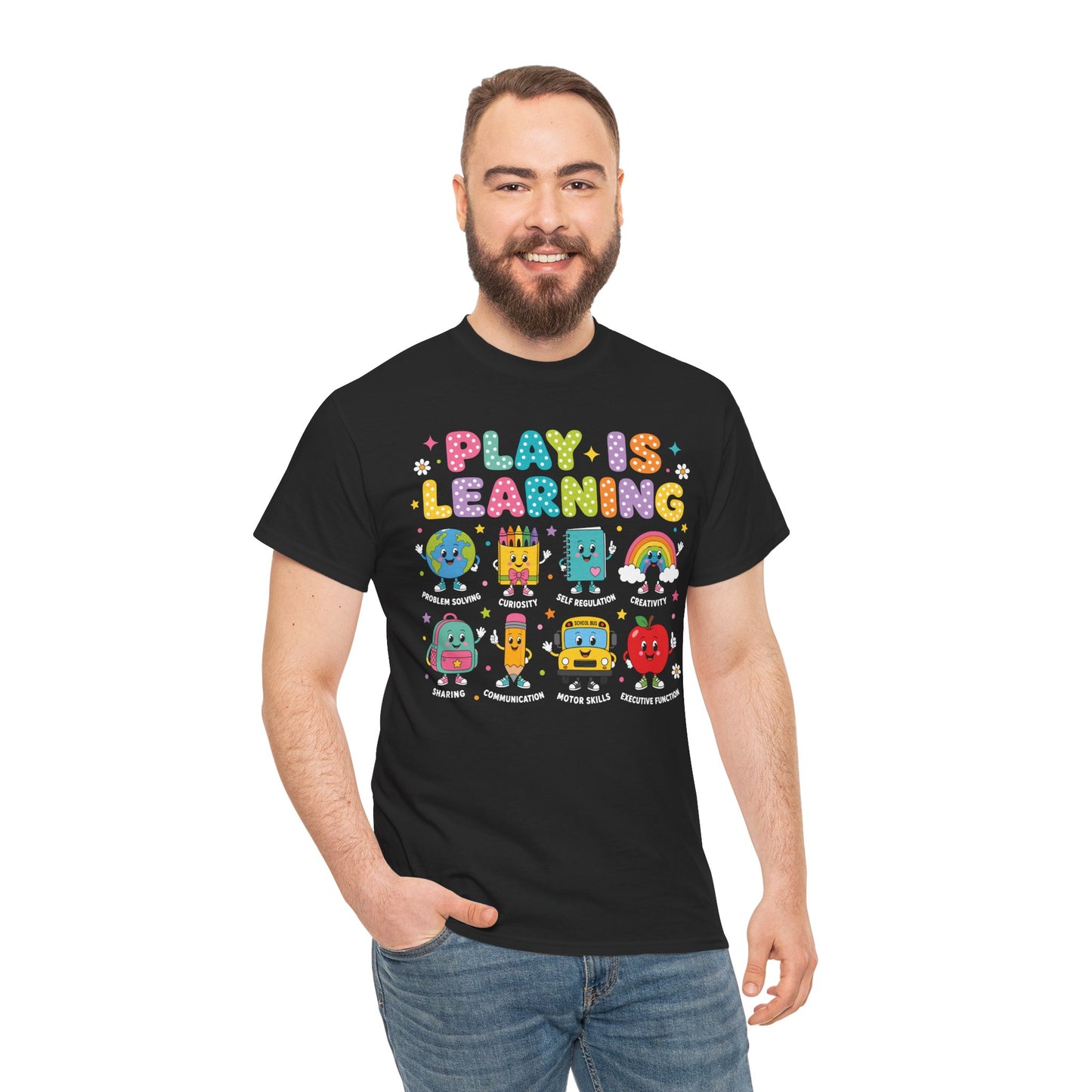 Male teacher wearing a black TEEZOCA Play Is Learning tee, a unisex back to school shirt for classroom staff.
