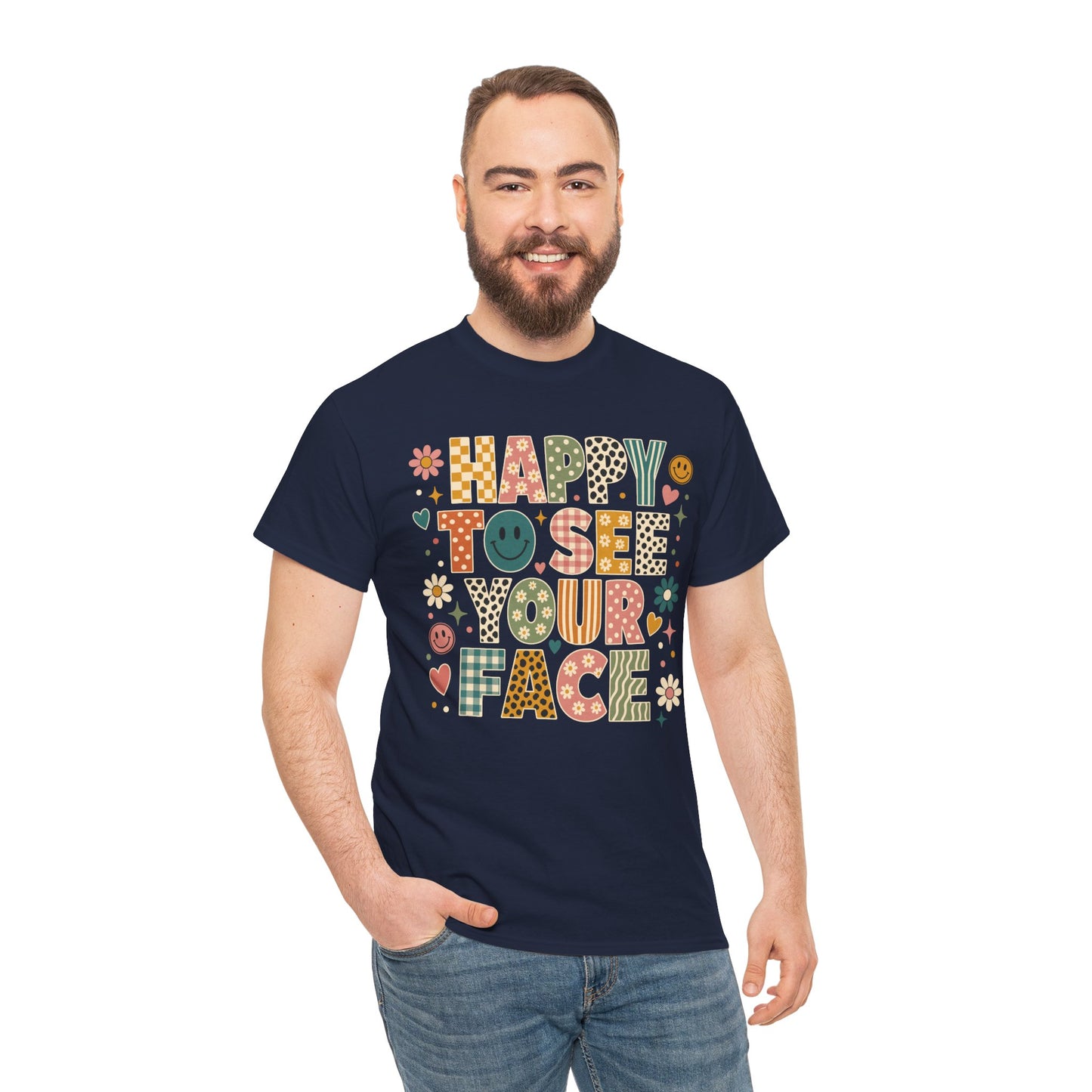 Male teacher wearing a navy TEEZOCA Happy to See Your Face boho tee, a unisex back to school shirt for school staff.
