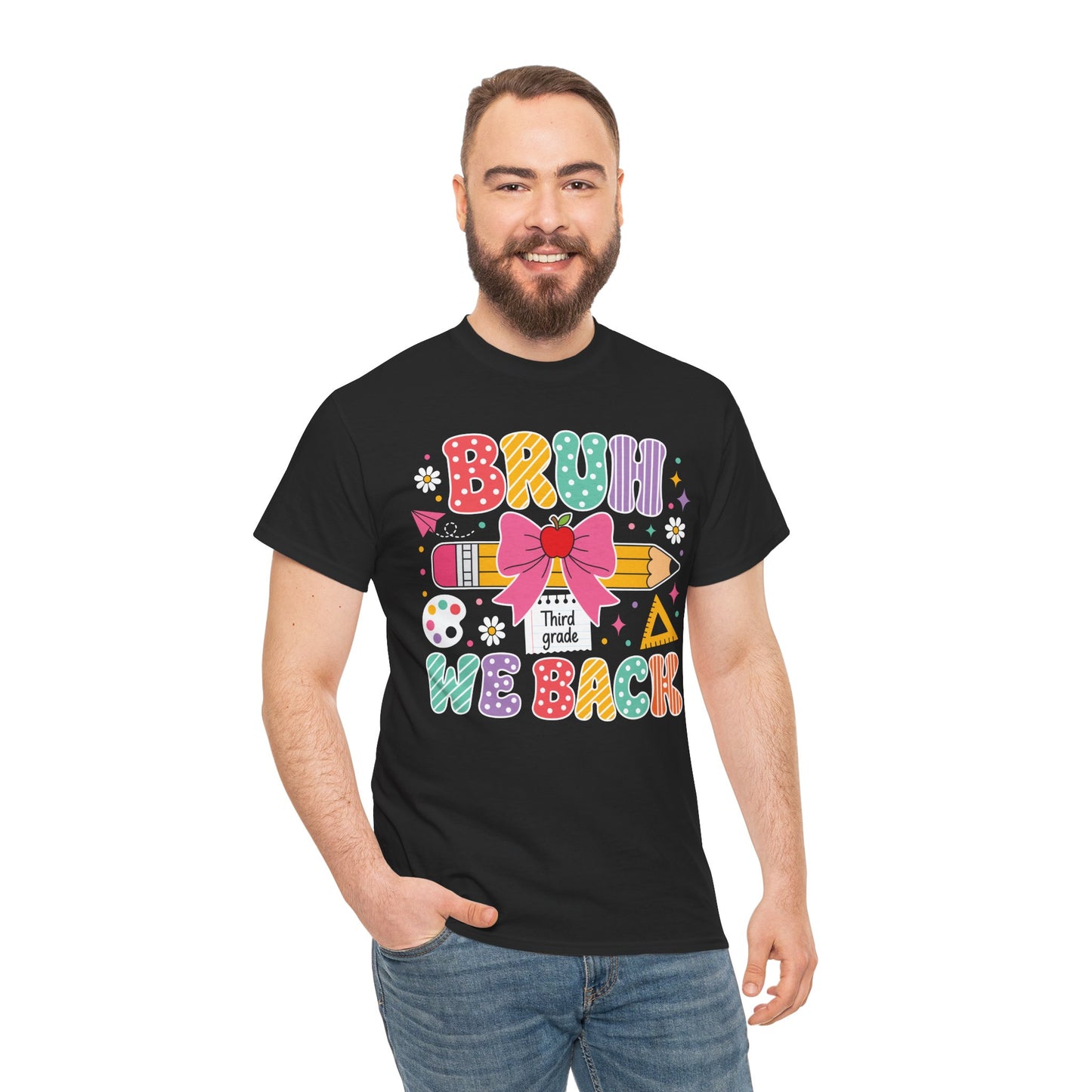 Male third grade teacher wearing a black TEEZOCA Bruh We Back Third Grade tee, a funny unisex back to school shirt.
