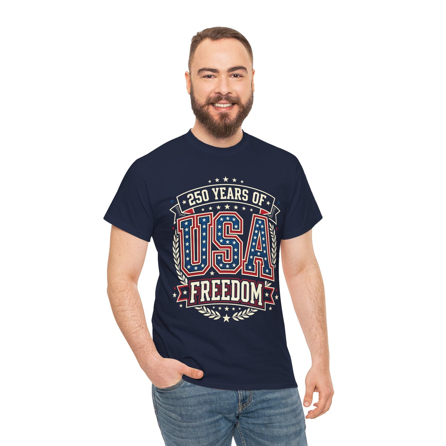 Man Wearing 250 Years of USA Freedom Navy T-Shirt – Patriotic 4th of july 2026 Tee | TEEZOCA 