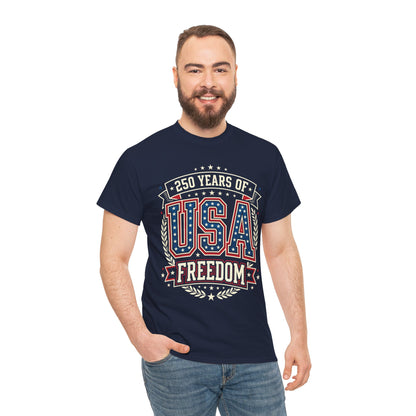 Man Wearing 250 Years of USA Freedom Navy T-Shirt – Patriotic 4th of july 2026 Tee | TEEZOCA 