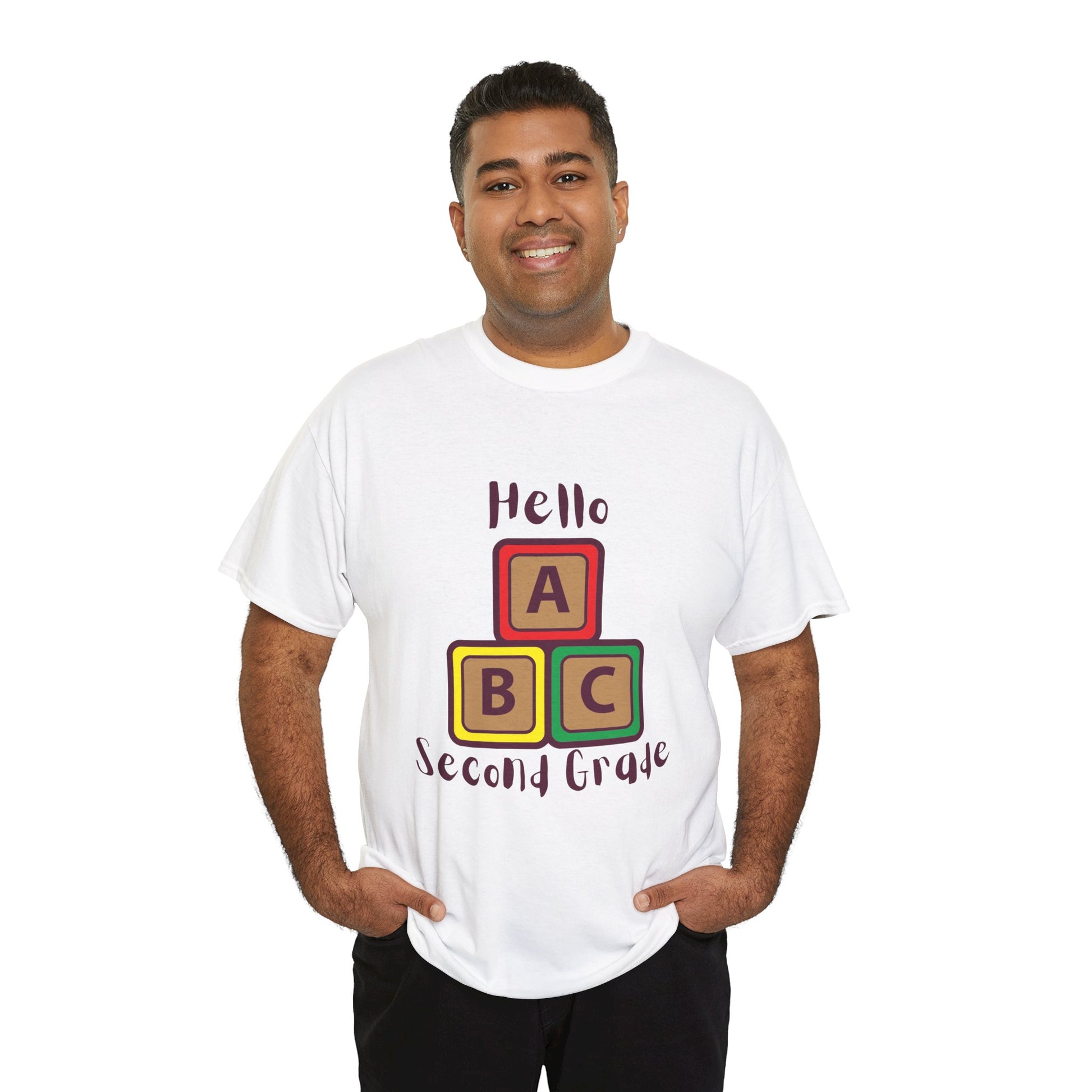Man Wearing Hello Second Grade ABC Blocks White T-Shirt – Back to School Teacher Gift TEEZOCA