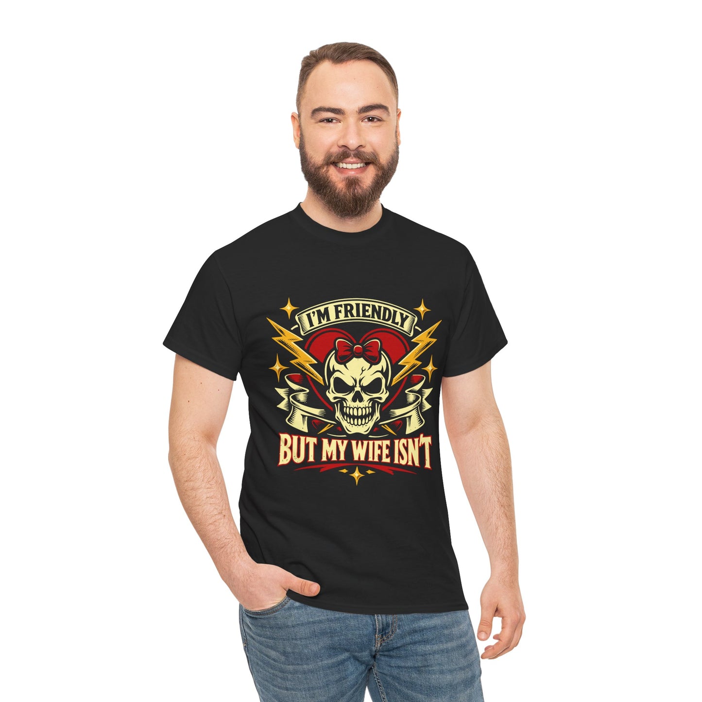I'm Friendly But My Wife Isn't T-Shirt – Heart Skull Graphic Tee | TEEZOCA 