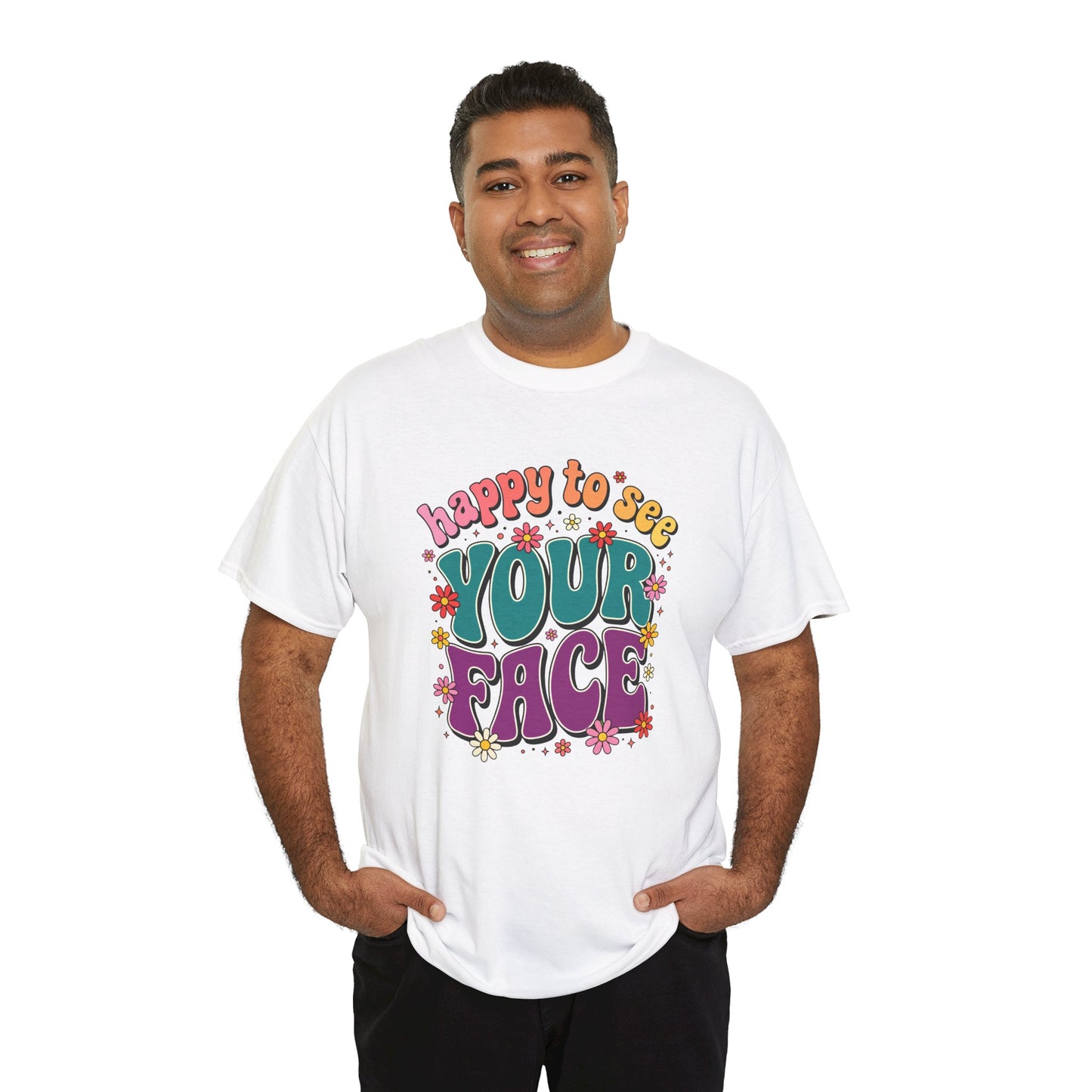 Man wearing TEEZOCA T-Shirt with colorful “Welcome Back to School” cartoon design featuring smiling flowers, stars, and a pencil on White tee shirt

