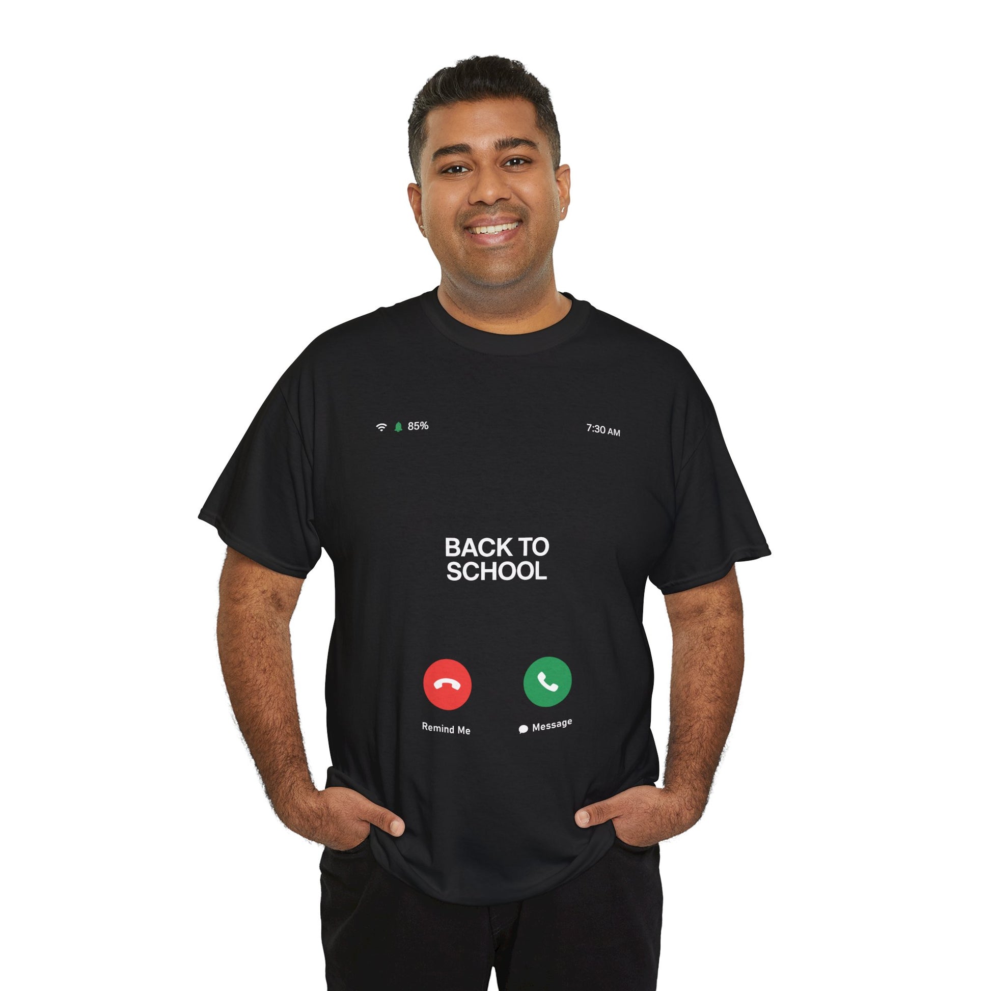 Man wearing TEEZOCA black sarcastic back to school school alarm tee.