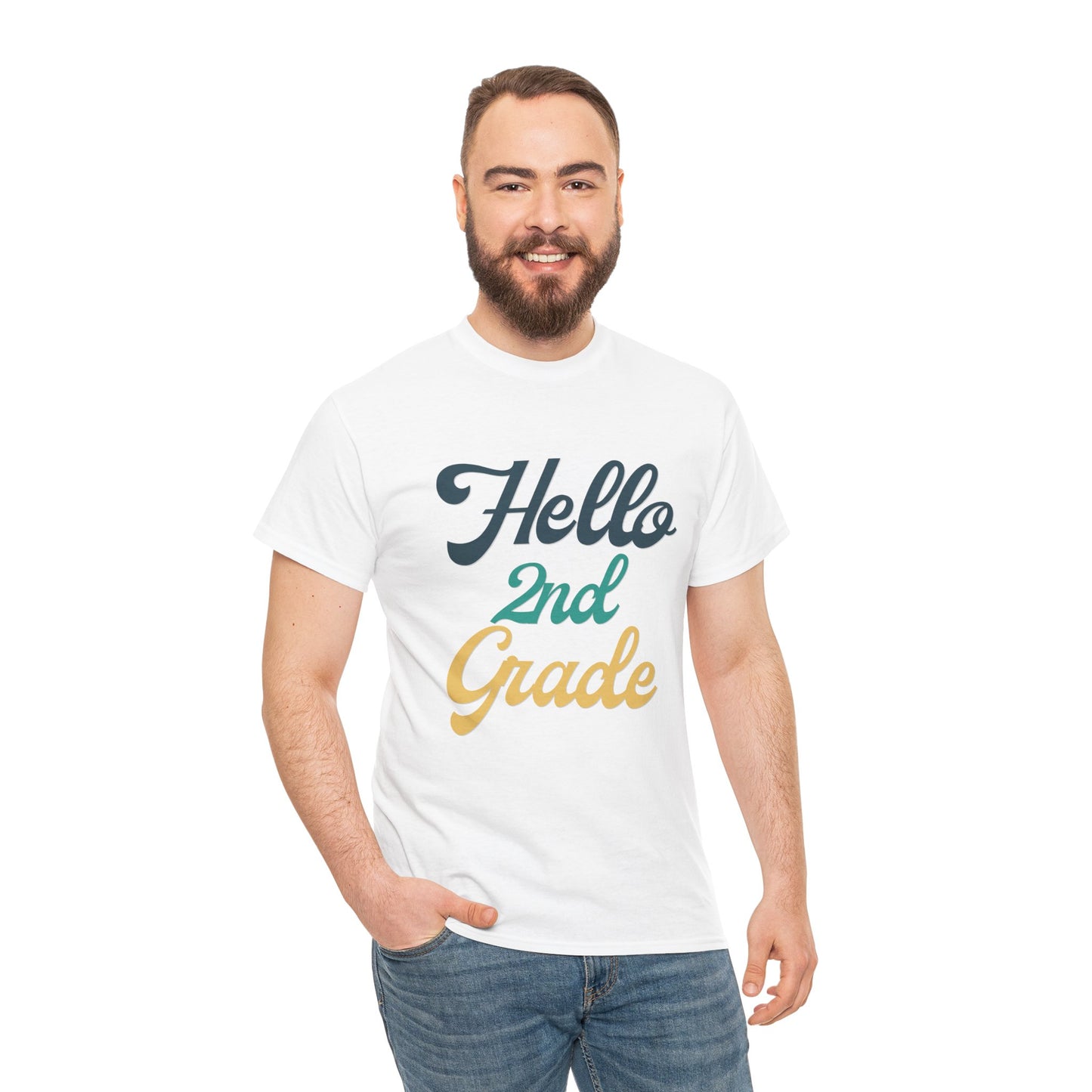 Man wearing a TEEZOCA "Hello 2nd Grade" t-shirt in white with jeans.