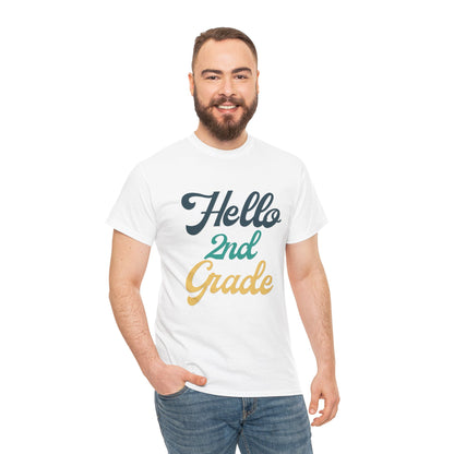 Man wearing a TEEZOCA "Hello 2nd Grade" t-shirt in white with jeans.