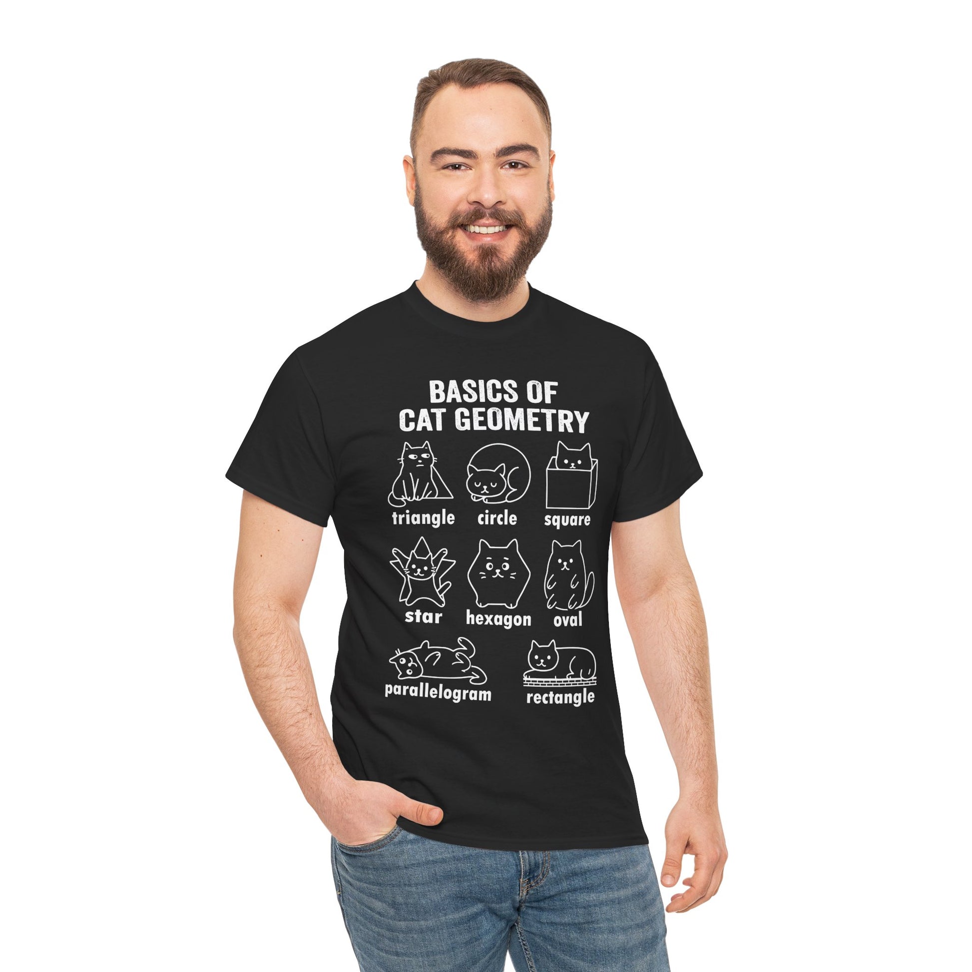 Man wearing a TEEZOCA black cat geometry sarcastic tee, casual front-facing lifestyle shot. Cat Geometry Funny Math Shapes Teacher Student Lover Dad Mom Back School T-Shirt