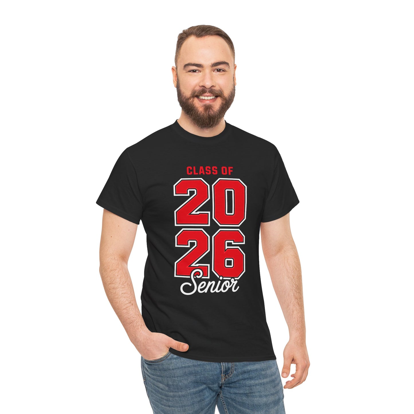 Man wearing a black TEEZOCA Class of 2026 Senior graduation t‑shirt.