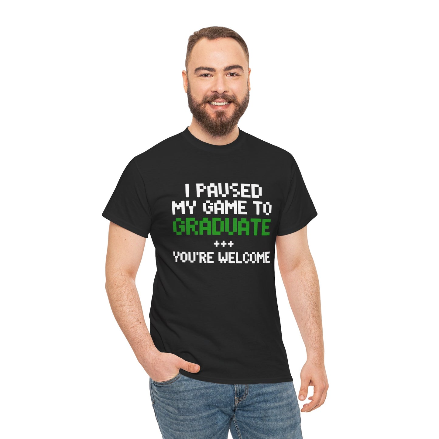 Man wearing a black TEEZOCA I Paused My Game To Graduate funny gamer graduation t‑shirt.
