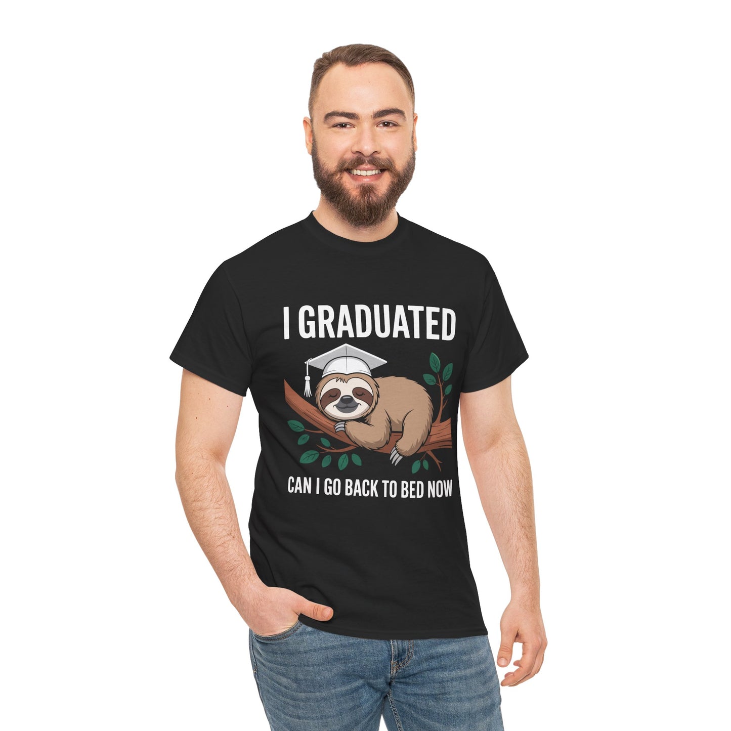 Man wearing a black TEEZOCA sloth I Graduated Can I Go Back To Bed Now funny graduation t‑shirt.