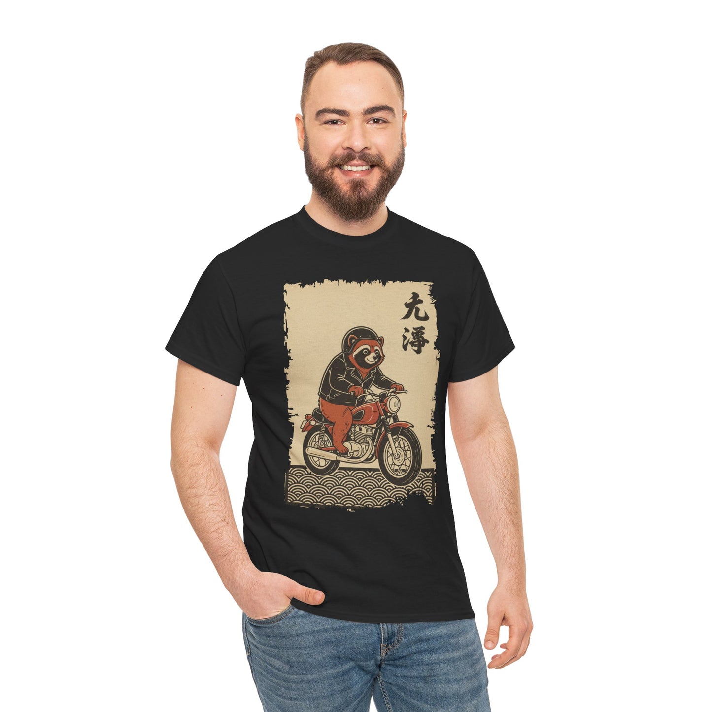 Man wearing a black t-shirt with Vintage Japanese ukiyo-e style raccoon biker on motorcycle with wave pattern 