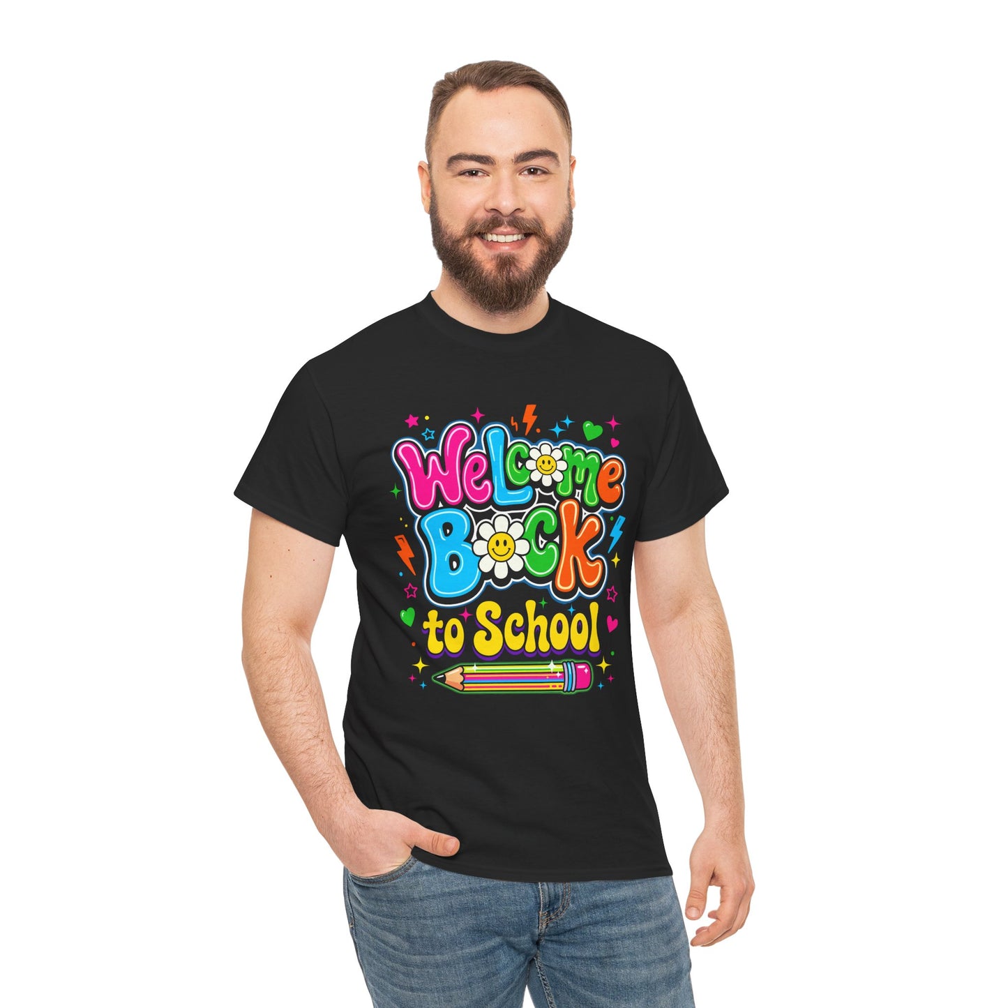 Man wearing a black t-shirt with 'Welcome Back to School' colorful text design on a white background