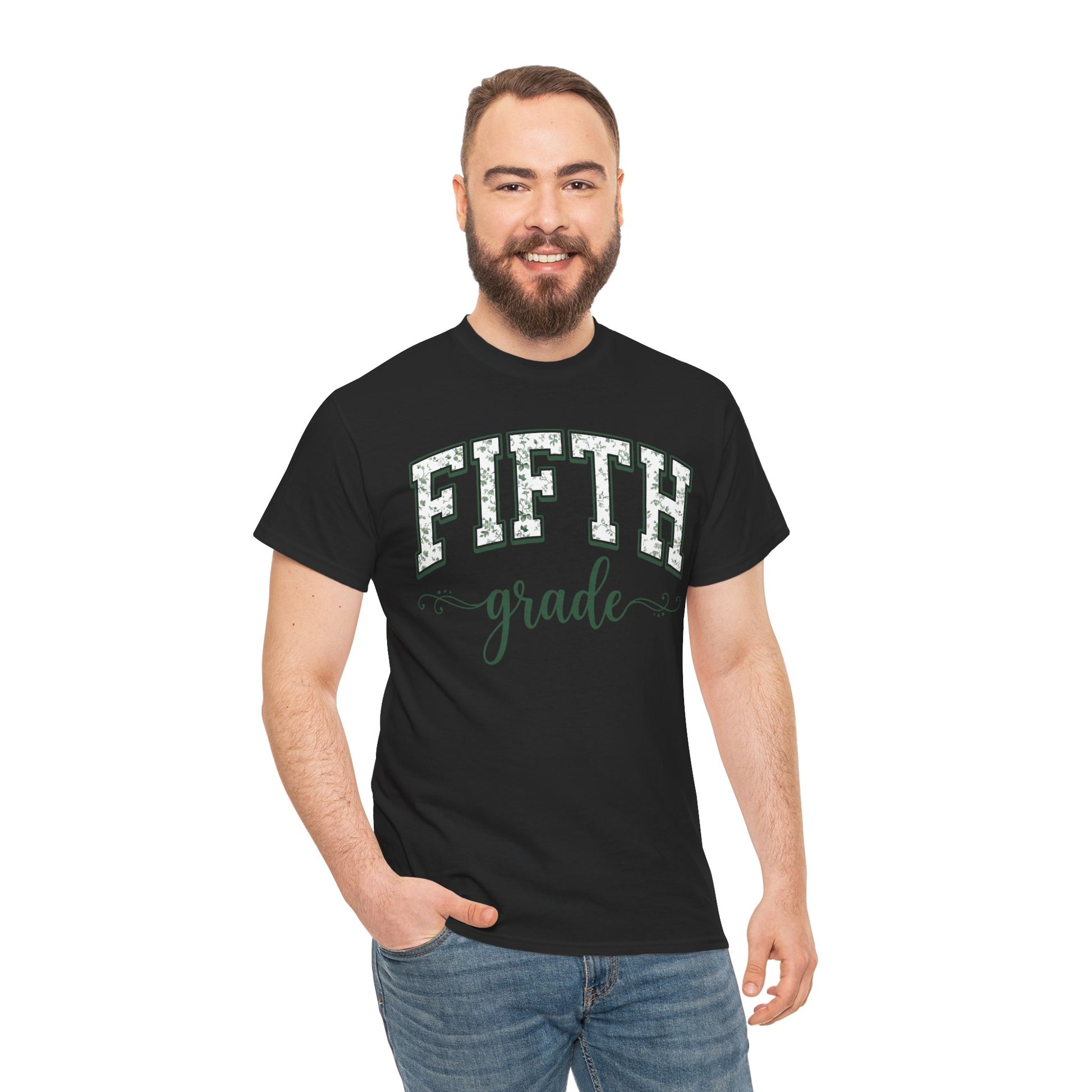 Man wearing a black t-shirt with a graphic design and text on a white background. Botanical fifth grade teacher shirt by TEEZOCA with hand-lettered script and a soft eucalyptus-green palette.
