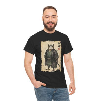 Man wearing a black t-shirt with an owl and samurai design on a white background