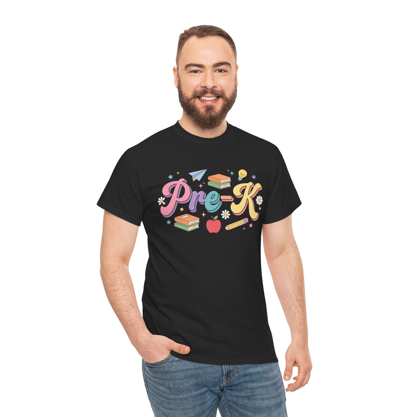 Man wearing a black t-shirt with colorful 'Pre-K' design on a white background. Colorful TEEZOCA pre-k teacher t-shirt with pink, lavender, teal, peach, and yellow lettering surrounded by early-learning school icons.
