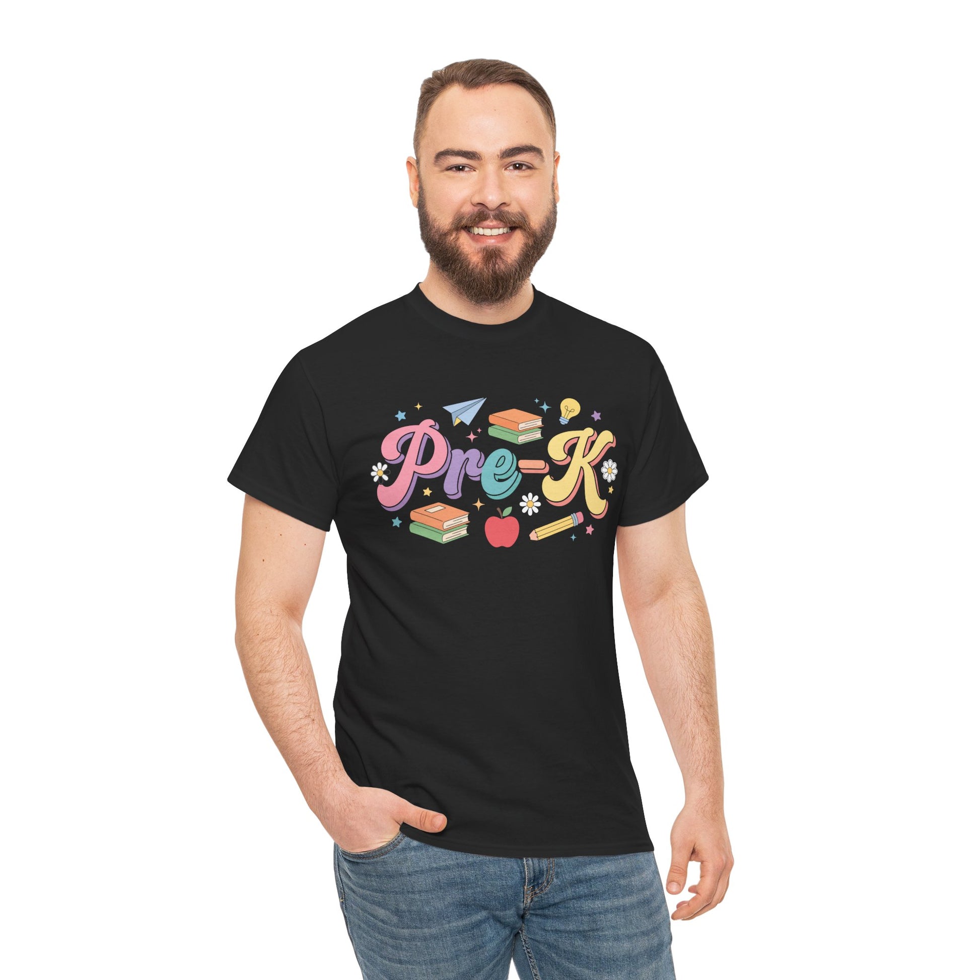 Man wearing a black t-shirt with colorful 'Pre-K' design on a white background. Colorful TEEZOCA pre-k teacher t-shirt with pink, lavender, teal, peach, and yellow lettering surrounded by early-learning school icons.