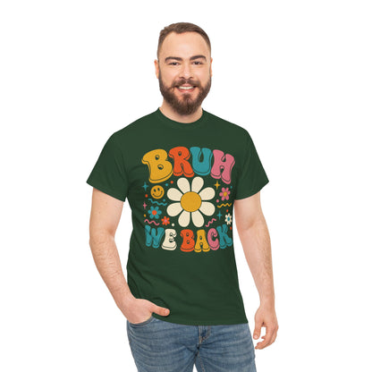 Man wearing a forest green TEEZOCA Bruh We Back retro tee, a funny unisex back to school shirt.
