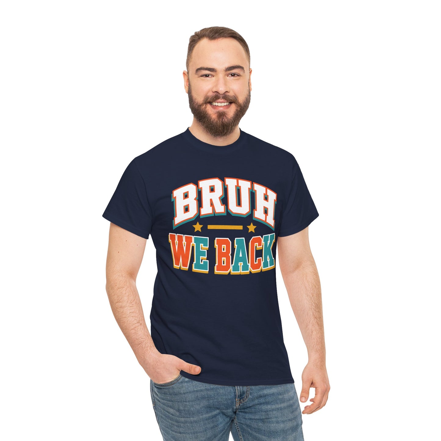Man wearing a navy TEEZOCA Bruh We Back tee, a funny unisex back to school varsity shirt.
