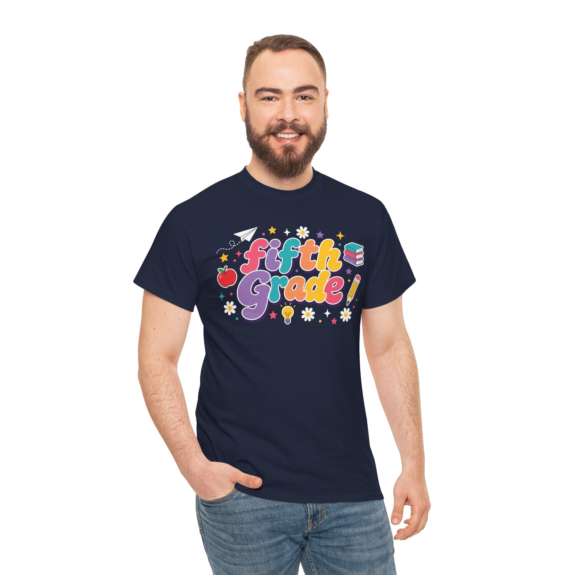 Man wearing a navy t-shirt with 'Fifth grade' design on a white background. Created for coordinated educators, this TEEZOCA t-shirt uses colorful bubble lettering and stars for a set of fifth grade teacher squad shirts.