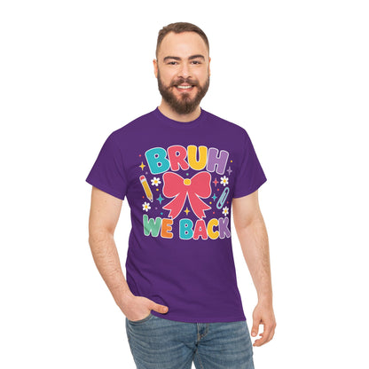 Man wearing a purple TEEZOCA Bruh We Back tee, a funny unisex back to school shirt.
