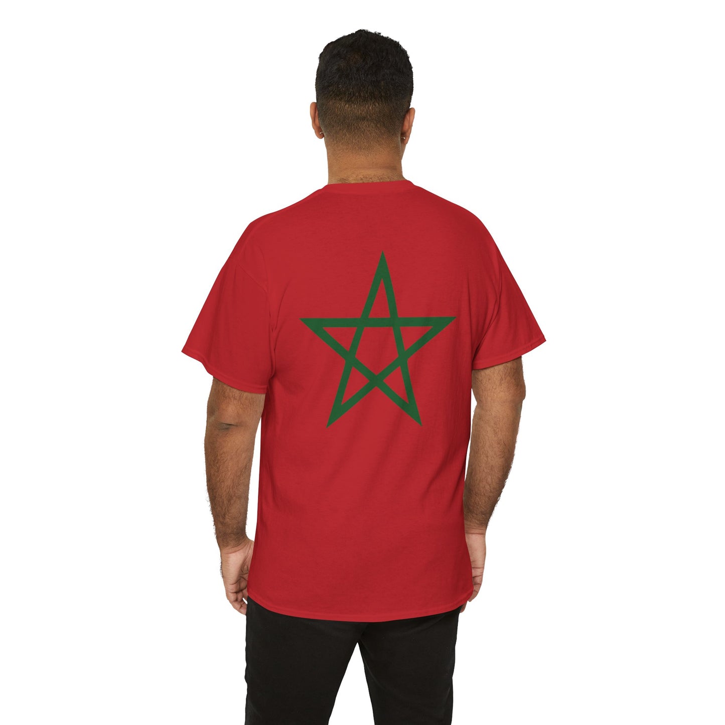Man wearing a red TEEZOCA Moroccan soccer supporter t-shirt, highlighting the large star back print. 2 Sided Morocco Flag Classic Red T-Shirt Moroccan National Football Supporter Shirt Back Print View