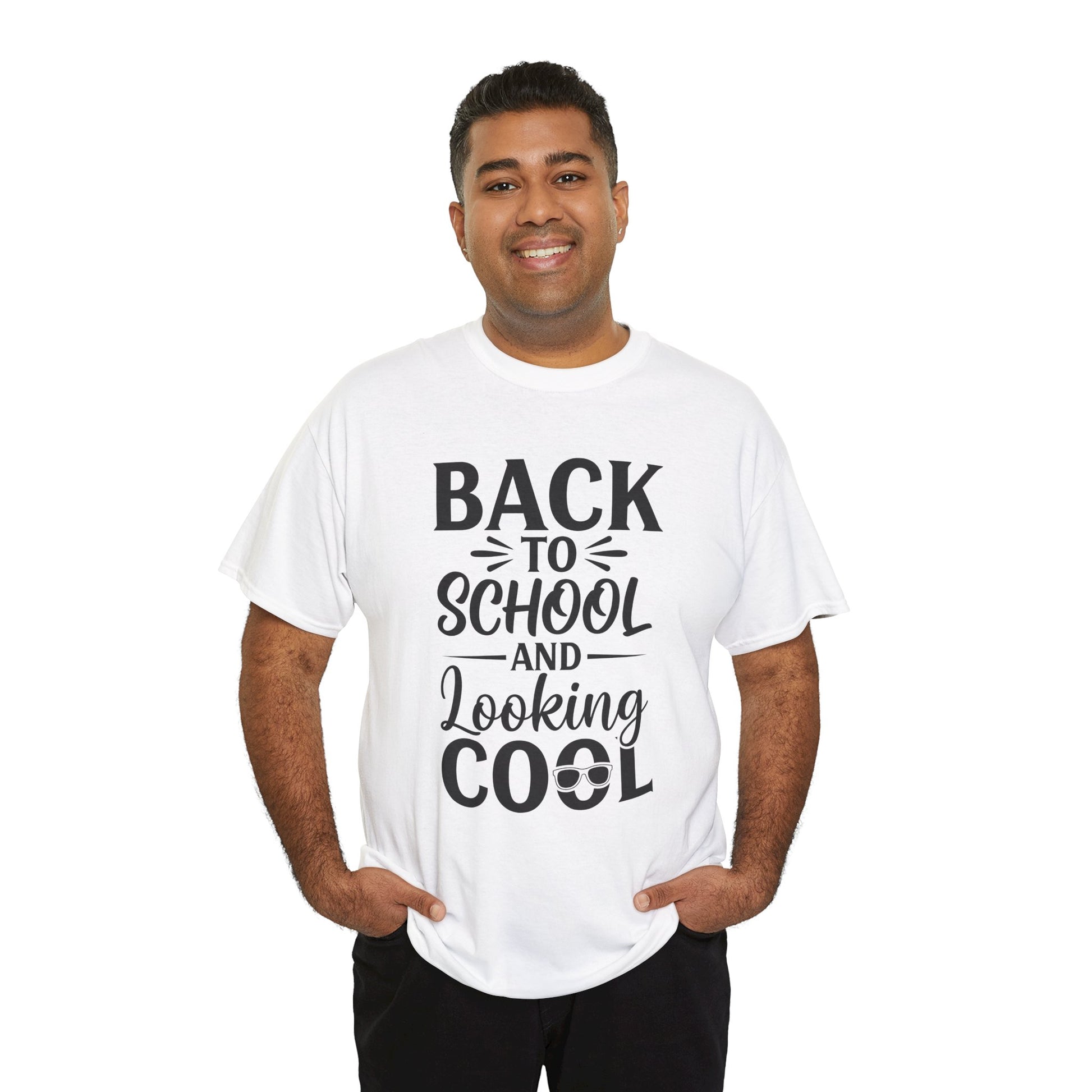 Man wearing a white TEEZOCA “Back To School And Looking Cool” funny school tee.