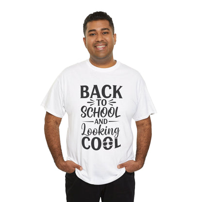 Man wearing a white TEEZOCA “Back To School And Looking Cool” funny school tee.
