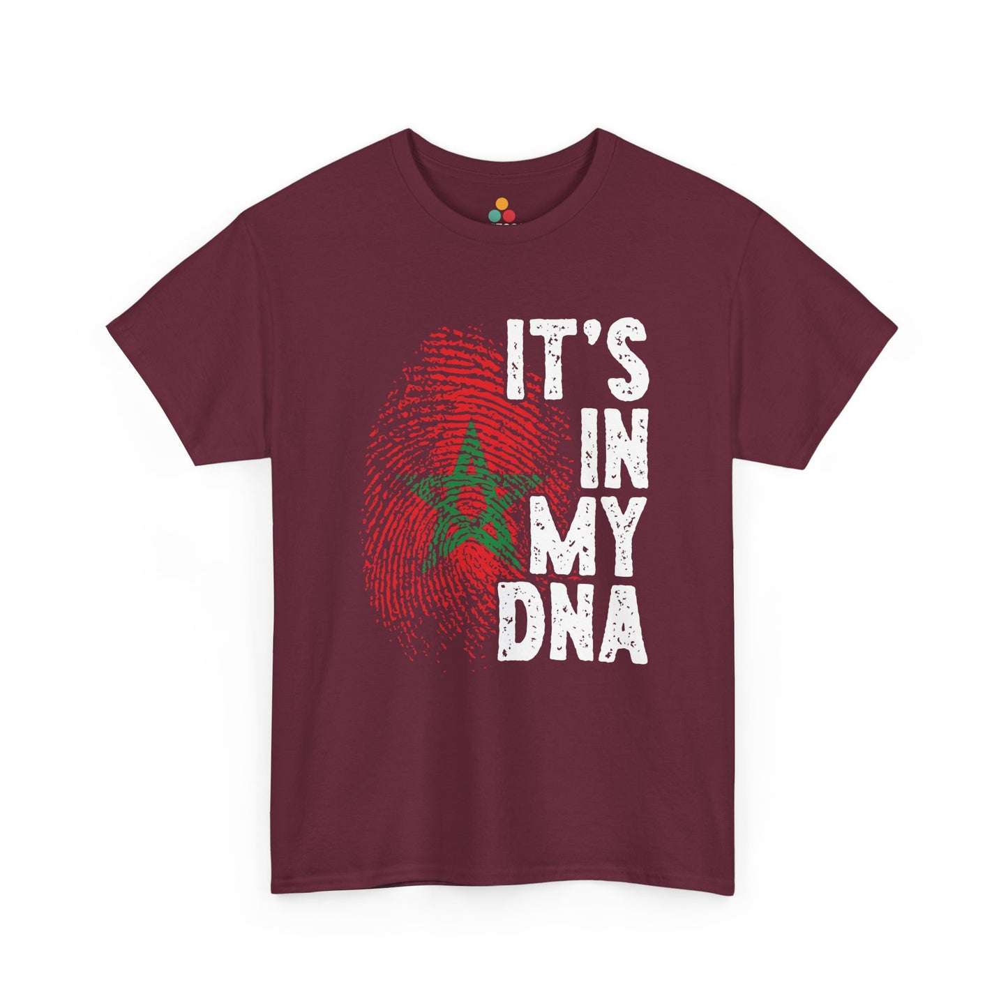 Maroon T-shirt featuring a red and green fingerprint in the design of the Moroccan flag with the star symbol, paired with the phrase "It's In My DNA," a Moroccan pride heritage shirt and cultural identity tee.


