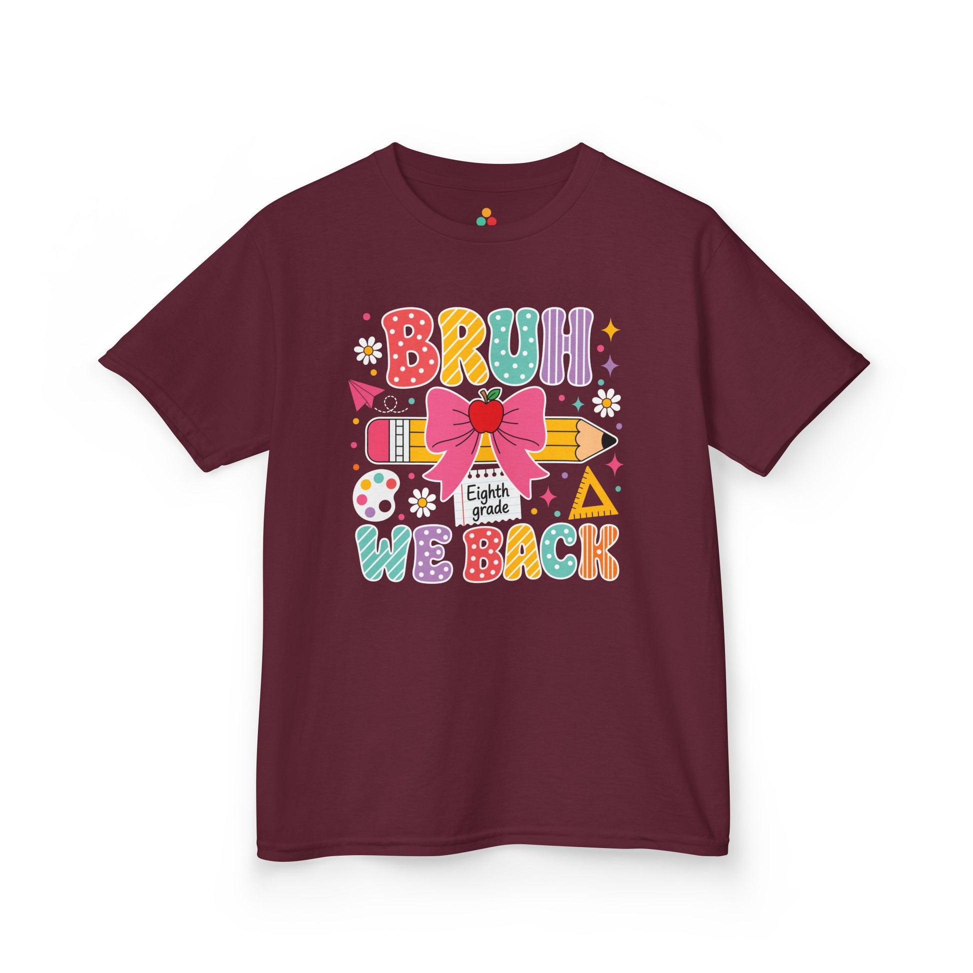 Maroon TEEZOCA Bruh We Back Eighth Grade kids tee, a funny first day of school shirt for a new eighth grader.

