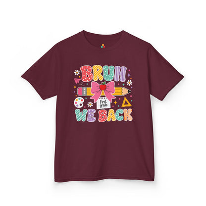 Maroon TEEZOCA Bruh We Back First Grade kids tee, a funny first day of school shirt for a new first grader.
