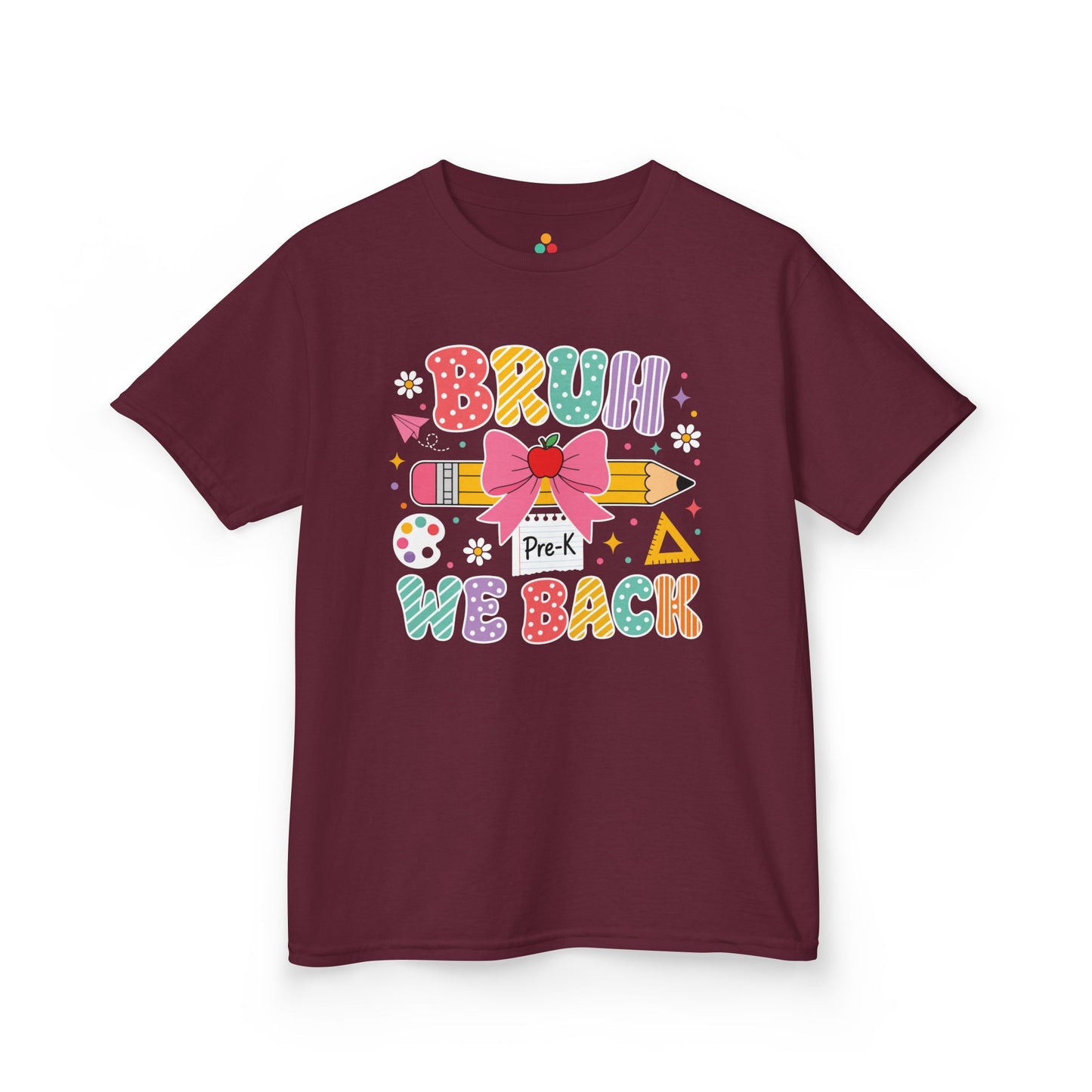 Maroon TEEZOCA Bruh We Back Pre-K kids tee, a funny first day of pre-k shirt for a new student.
