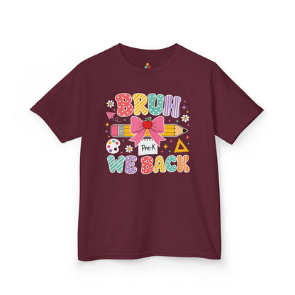 Maroon TEEZOCA Bruh We Back Pre-K kids tee, a funny first day of pre-k shirt for a new student.
