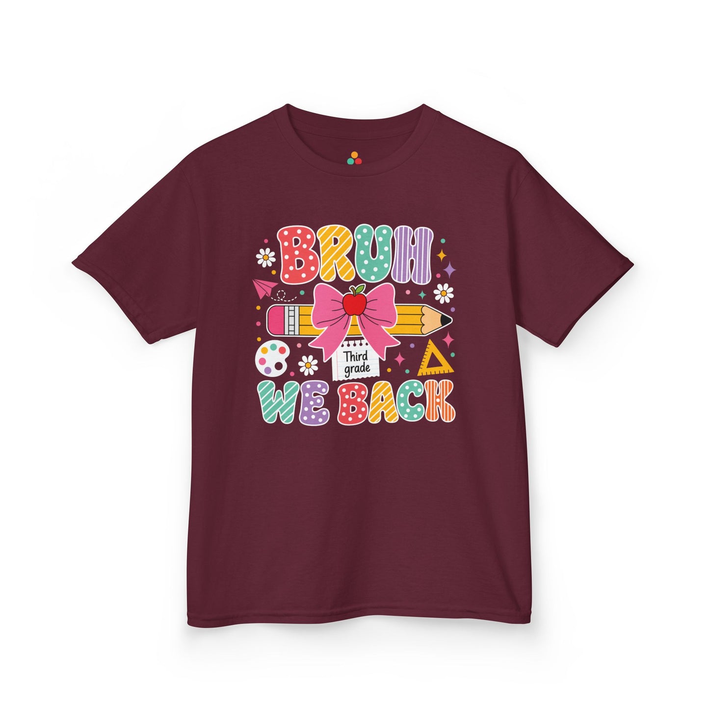 Maroon TEEZOCA Bruh We Back Third Grade kids tee, a funny first day of school shirt for a new third grader.
