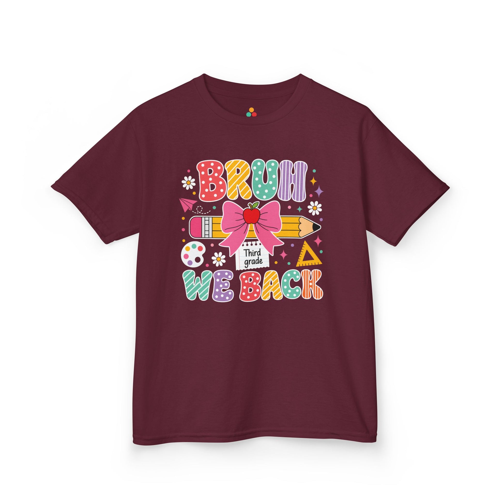 Maroon TEEZOCA Bruh We Back Third Grade kids tee, a funny first day of school shirt for a new third grader.
