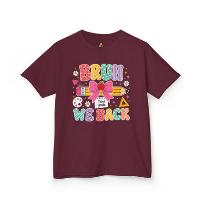 Maroon TEEZOCA Bruh We Back Third Grade kids tee, a funny first day of school shirt for a new third grader.
