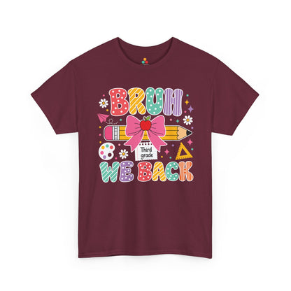 Maroon TEEZOCA Bruh We Back Third Grade tee, a funny teacher back to school shirt for the first day of school.
